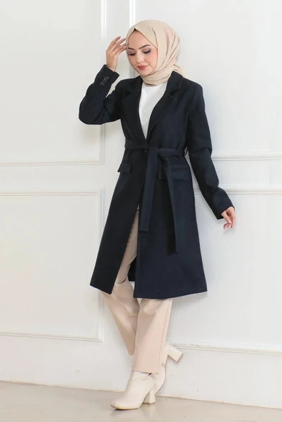 Kadın Kaşe Kaban – Uzun Boy Kruvaze Yaka, Kuşaklı Tesettür Kışlık Kaban, Astarlı Şık Yünlü Dokuma Oversize Rahat Kalıp, - Resim 4