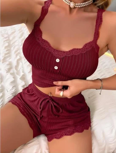 Arias Closet Bordo Dantel İşlemeli Fitilli Askılı Şortlu Pijama Takımı ürün görseli 1