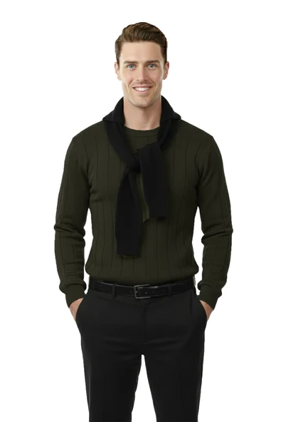 DeepSEA Dar Kesim Likralı Erkek Triko Kazak – Bisiklet Yaka Şık Tasarım 2605433 - Resim 8