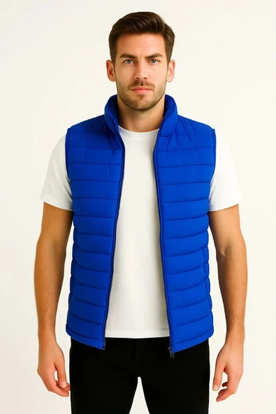 Erkek Şişme Fermuarlı Yelek Su itici Kapitone Astarlı Kumaş Cepli Hafif Kışlık Spor Rahat Kalıp - Saks Mavisi - Resim 4