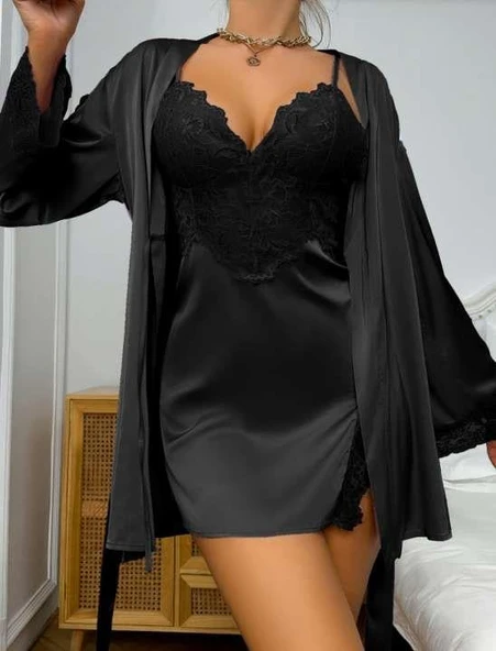 Arias Closet Dantel İşlemeli İnce Askılı Siyah 2li Saten Gecelik Sabahlık Takımı ürün görseli