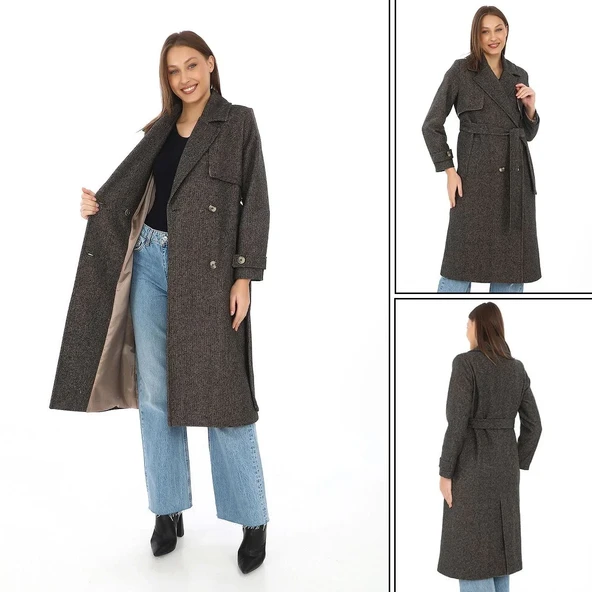 Kadın Balık Sırtı Yünlü Dokuma Kaşe Kaban – Kruvaze Yaka, Kuşaklı, Cepli, Astarlı Uzun Boy Tesettür Şık Kışlık Kaşe Kaba - Resim 6