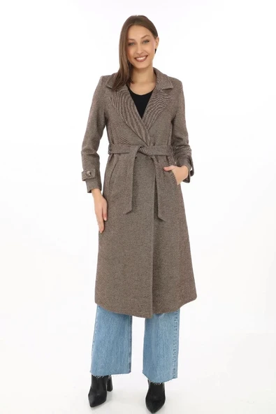 Kadın Balık Sırtı Kaşe Kaban – Uzun Boy Kruvaze Yaka Kuşaklı Astarlı Kışlık Tesettür Kaban, Yünlü Dokuma Kaşmir Kumaş, C - Resim 7