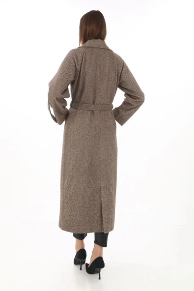 Kadın Uzun Kaşe Kaban – Yünlü Dokuma Kaşmir Kumaş, Kruvaze Yaka, Kuşaklı Astarlı Tesettür Uyumlu Şık Kışlık Siyah Model- - Resim 4