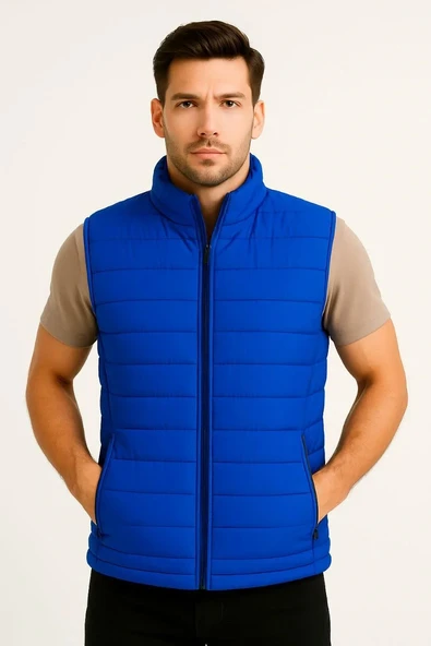Erkek Şişme Fermuarlı Yelek Su itici Kapitone Astarlı Kumaş Cepli Hafif Kışlık Spor Rahat Kalıp - Saks Mavisi - Resim 2