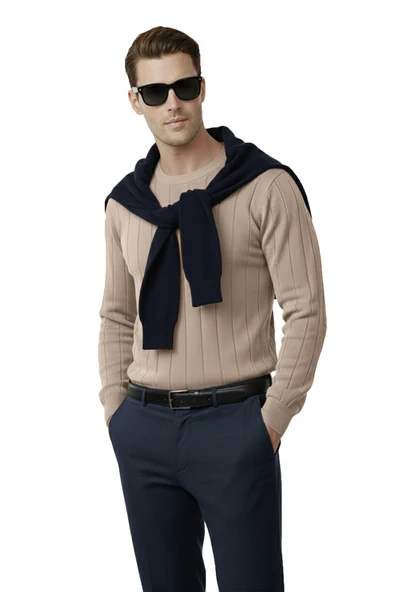 DeepSEA Dar Kesim Likralı Erkek Triko Kazak – Bisiklet Yaka Şık Tasarım 2605433 - Resim 7