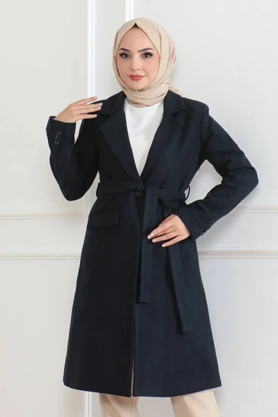 Kadın Kaşe Kaban – Uzun Boy Kruvaze Yaka, Kuşaklı Tesettür Kışlık Kaban, Astarlı Şık Yünlü Dokuma Oversize Rahat Kalıp, - Resim 7