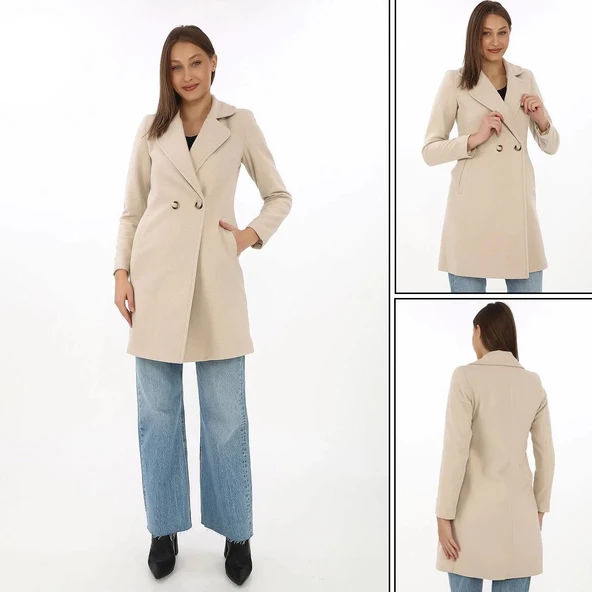 Kadın Kaşe Kaban – Siyah Yünlü Dokuma, Kruvaze Yaka, Astarlı, Cepli, Kuşaklı Uzun Boy Tesettür Uyumlu Kışlık Şık Kaban - - Resim 6