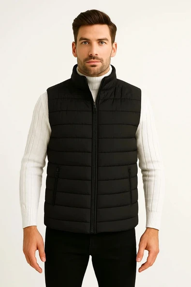 Erkek Şişme Fermuarlı Yelek Su itici Kapitone Astarlı Kumaş Cepli Hafif Kışlık Spor Rahat Kalıp - Siyah - Resim 5