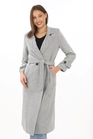 Kadın Balık Sırtı Kaşe Kaban – Uzun Boy Kruvaze Yaka Kuşaklı Astarlı Kışlık Tesettür Kaban, Yünlü Dokuma Kaşmir Kumaş, C - Resim 7