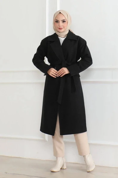 Kadın Kaşe Kaban – Uzun Boy Kruvaze Yaka, Kuşaklı Tesettür Kışlık Kaban, Astarlı Şık Yünlü Dokuma Oversize Rahat Kalıp, - Resim 4