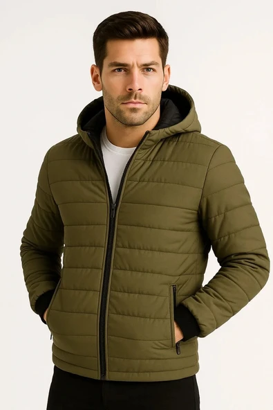 Erkek Şişme Kapüşonlu Fermuarlı Mont Su itici Kapitone Astarlı Kumaş Cepli Kışlık Rahat Kalıp - Haki - Resim 2