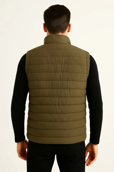 Erkek Şişme Fermuarlı Yelek Su itici Kapitone Astarlı Kumaş Cepli Hafif Kışlık Spor Rahat Kalıp - Haki - Resim 5