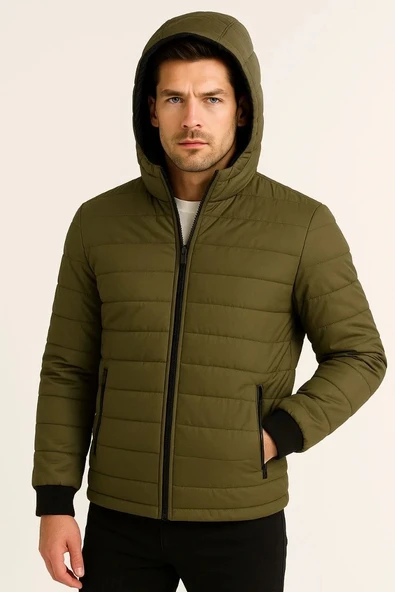 Erkek Şişme Kapüşonlu Fermuarlı Mont Su itici Kapitone Astarlı Kumaş Cepli Kışlık Rahat Kalıp - Haki - Resim 3