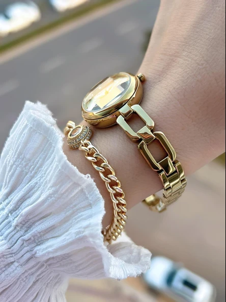 Ferrucci Küçük Vintage Kasa Çelik Kordon 2 Yıl Garantili 3 Atm Kadın Kol Saati+Bileklik FY.03644.1 - Resim 2