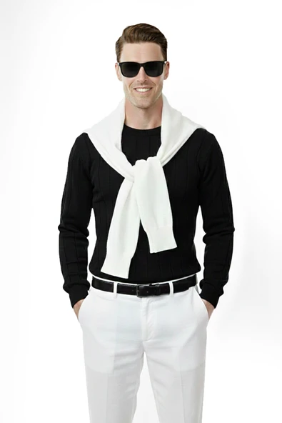 DeepSEA Dar Kesim Likralı Erkek Triko Kazak – Bisiklet Yaka Şık Tasarım 2605433 - Resim 2