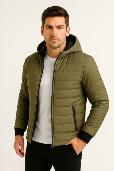 Erkek Şişme Kapüşonlu Fermuarlı Mont Su itici Kapitone Astarlı Kumaş Cepli Kışlık Rahat Kalıp - Haki - Resim 4