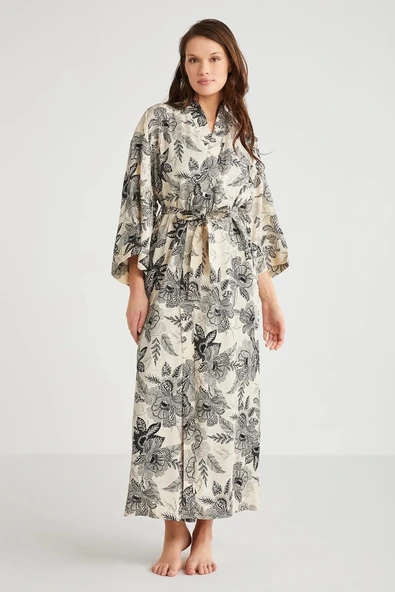 Penye Mood %100 Viskon Çiçek Desen 2li Sabahlık Gecelik Takımı - Resim 5