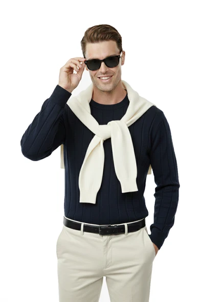 DeepSEA Dar Kesim Likralı Erkek Triko Kazak – Bisiklet Yaka Şık Tasarım 2605433 - Resim 5