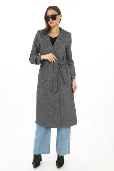 Kadın Balık Sırtı Kaşe Kaban – Uzun Boy Kruvaze Yaka Kuşaklı Astarlı Kışlık Tesettür Kaban, Yünlü Dokuma Kaşmir Kumaş, C - Resim 4