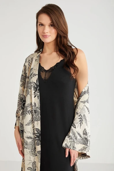 Penye Mood %100 Viskon Çiçek Desen 2li Sabahlık Gecelik Takımı - Resim 6