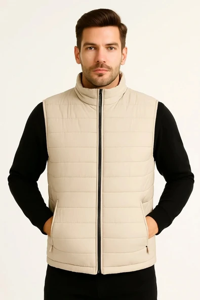 Erkek Şişme Fermuarlı Yelek Su itici Kapitone Astarlı Kumaş Cepli Hafif Kışlık Spor Rahat Kalıp -Bej - Resim 2