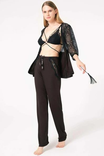 Arias Closet Dantelli Sabahlık Balensiz Desteksiz Dolgusuz Yaka Detaylı Sütyen ve Pantolon Pijama 3lü Takım ürün görseli 1