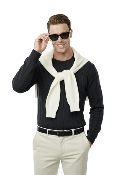 DeepSEA Dar Kesim Likralı Erkek Triko Kazak – Bisiklet Yaka Şık Tasarım 2605433 - Resim 6