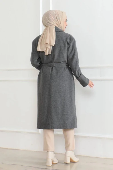 Kadın Kaşe Kaban – Uzun Boy Kruvaze Yaka Kuşaklı Tesettür Kaşe Kışlık Kaban, Astarlı Şık Yünlü Dokuma Oversize Rahat Kal - Resim 2