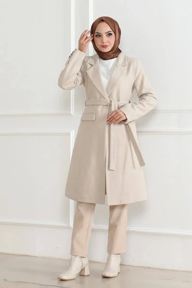 Kadın Kaşe Kaban – Uzun Boy Kruvaze Yaka, Kuşaklı Tesettür Kışlık Kaban, Astarlı Şık Yünlü Dokuma Oversize Rahat Kalıp, - Resim 6