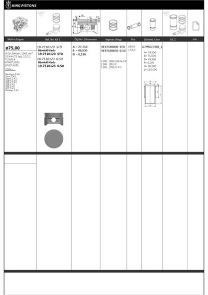 Psa Piston + Segman + Gomlek (kit) 75 Stdmm - ( Riken Segmanlı ) Berlingo 1.4 İ*saxo 1.4 İ*xsara 1.4 İ*1 - Kingpiston 19-7510120 ürün görseli