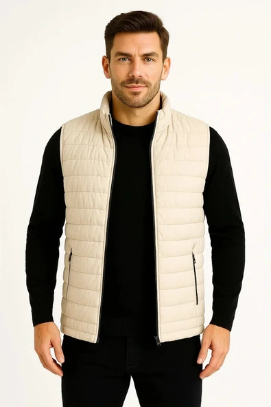 Erkek Şişme Fermuarlı Yelek Su itici Kapitone Astarlı Kumaş Cepli Hafif Kışlık Spor Rahat Kalıp -Bej - Resim 4