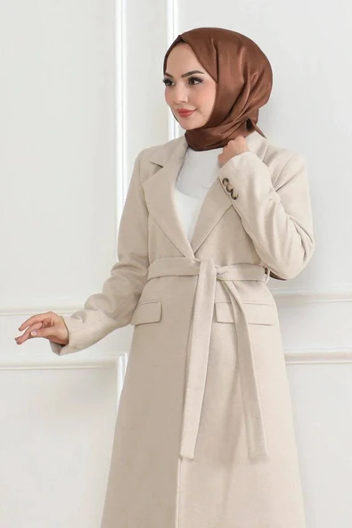 Kadın Kaşe Kaban – Uzun Boy Kruvaze Yaka, Kuşaklı Tesettür Kışlık Kaban, Astarlı Şık Yünlü Dokuma Oversize Rahat Kalıp, - Resim 5