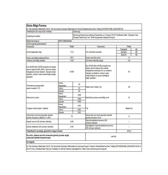 Samsung WW11BB534DABAH 1400 Devir 11 KG Çamaşır Makinesi - Resim 8