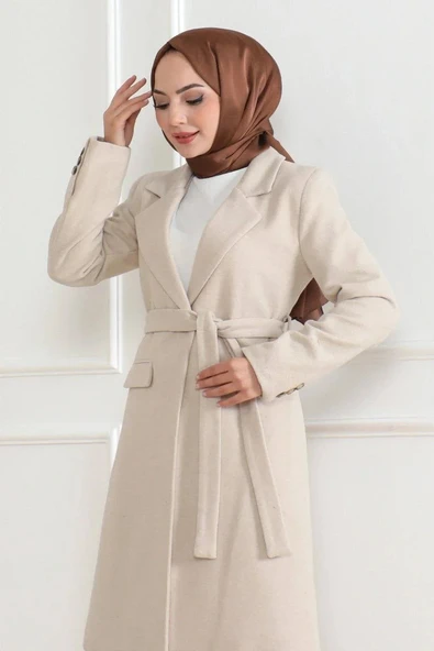 Kadın Kaşe Kaban – Uzun Boy Kruvaze Yaka, Kuşaklı Tesettür Kışlık Kaban, Astarlı Şık Yünlü Dokuma Oversize Rahat Kalıp, - Resim 4