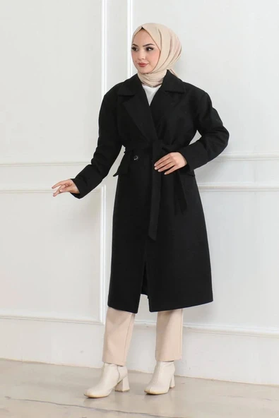 Kadın Kaşe Kaban – Uzun Boy Kruvaze Yaka, Kuşaklı Tesettür Kışlık Kaban, Astarlı Şık Yünlü Dokuma Oversize Rahat Kalıp, - Resim 3