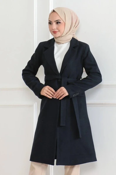 Kadın Kaşe Kaban – Uzun Boy Kruvaze Yaka, Kuşaklı Tesettür Kışlık Kaban, Astarlı Şık Yünlü Dokuma Oversize Rahat Kalıp, - Resim 8