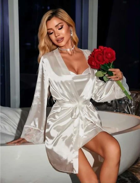 Arias Closet Dantel İşlemeli İnce Askılı Beyaz Saten 2li Gecelik Sabahlık Takımı ürün görseli 1