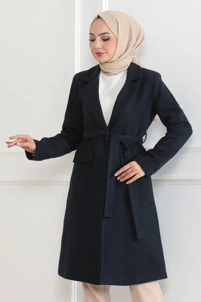 Kadın Kaşe Kaban – Uzun Boy Kruvaze Yaka, Kuşaklı Tesettür Kışlık Kaban, Astarlı Şık Yünlü Dokuma Oversize Rahat Kalıp, - Resim 6