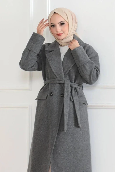 Kadın Kaşe Kaban – Uzun Boy Kruvaze Yaka Kuşaklı Tesettür Kaşe Kışlık Kaban, Astarlı Şık Yünlü Dokuma Oversize Rahat Kal - Resim 5
