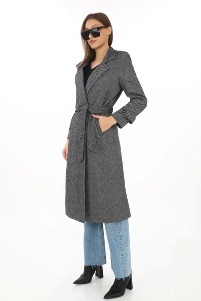 Kadın Balık Sırtı Kaşe Kaban – Uzun Boy Kruvaze Yaka Kuşaklı Astarlı Kışlık Tesettür Kaban, Yünlü Dokuma Kaşmir Kumaş, C - Resim 2