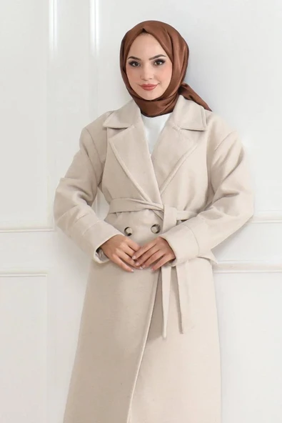 Kadın Kaşe Kaban – Uzun Boy Kruvaze Yaka Kuşaklı Tesettür Kaşe Kışlık Kaban, Astarlı Şık Yünlü Dokuma Oversize Rahat Kal - Resim 7