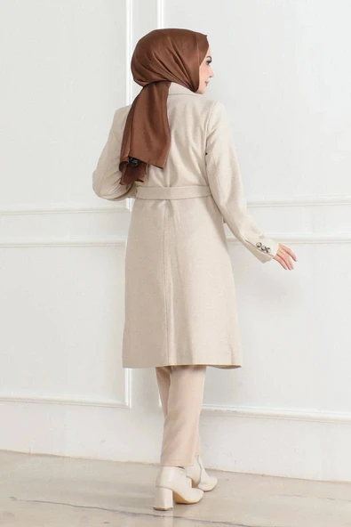 Kadın Kaşe Kaban – Uzun Boy Kruvaze Yaka, Kuşaklı Tesettür Kışlık Kaban, Astarlı Şık Yünlü Dokuma Oversize Rahat Kalıp, - Resim 3