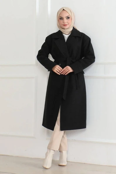 Kadın Kaşe Kaban – Uzun Boy Kruvaze Yaka, Kuşaklı Tesettür Kışlık Kaban, Astarlı Şık Yünlü Dokuma Oversize Rahat Kalıp, - Resim 2