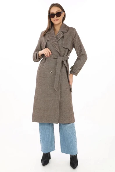 Kadın Balık Sırtı Yünlü Dokuma Kaşe Kaban – Kruvaze Yaka, Kuşaklı, Cepli, Astarlı Uzun Boy Tesettür Şık Kışlık Kaşe Kaba - Resim 6