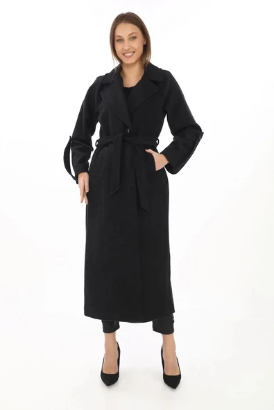Kadın Uzun Kaşe Kaban – Yünlü Dokuma Kaşmir Kumaş, Kruvaze Yaka, Kuşaklı Astarlı Tesettür Uyumlu Şık Kışlık Siyah Model - Resim 2
