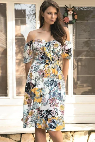 Dokuma Önden Bağlamalı Çiçek Baskılı Omuzu Düşük Büstiyer ve Önden Düğmeli Etek Takım - Resim 3