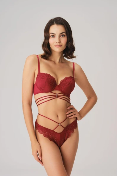 Arias Closet Balenli Destekli Dolgulu Göbek Detaylı Dantelli Sütyen ve String Takım ürün görseli 1