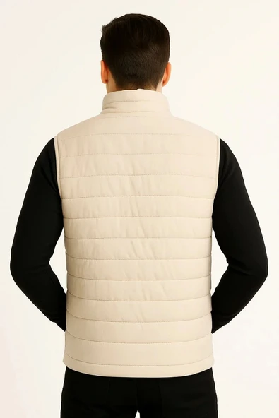 Erkek Şişme Fermuarlı Yelek Su itici Kapitone Astarlı Kumaş Cepli Hafif Kışlık Spor Rahat Kalıp -Bej - Resim 3