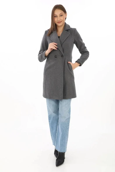 Kadın Kaşe Kaban – Siyah Yünlü Dokuma, Kruvaze Yaka, Astarlı, Cepli, Kuşaklı Uzun Boy Tesettür Uyumlu Kışlık Şık Kaban - - Resim 3